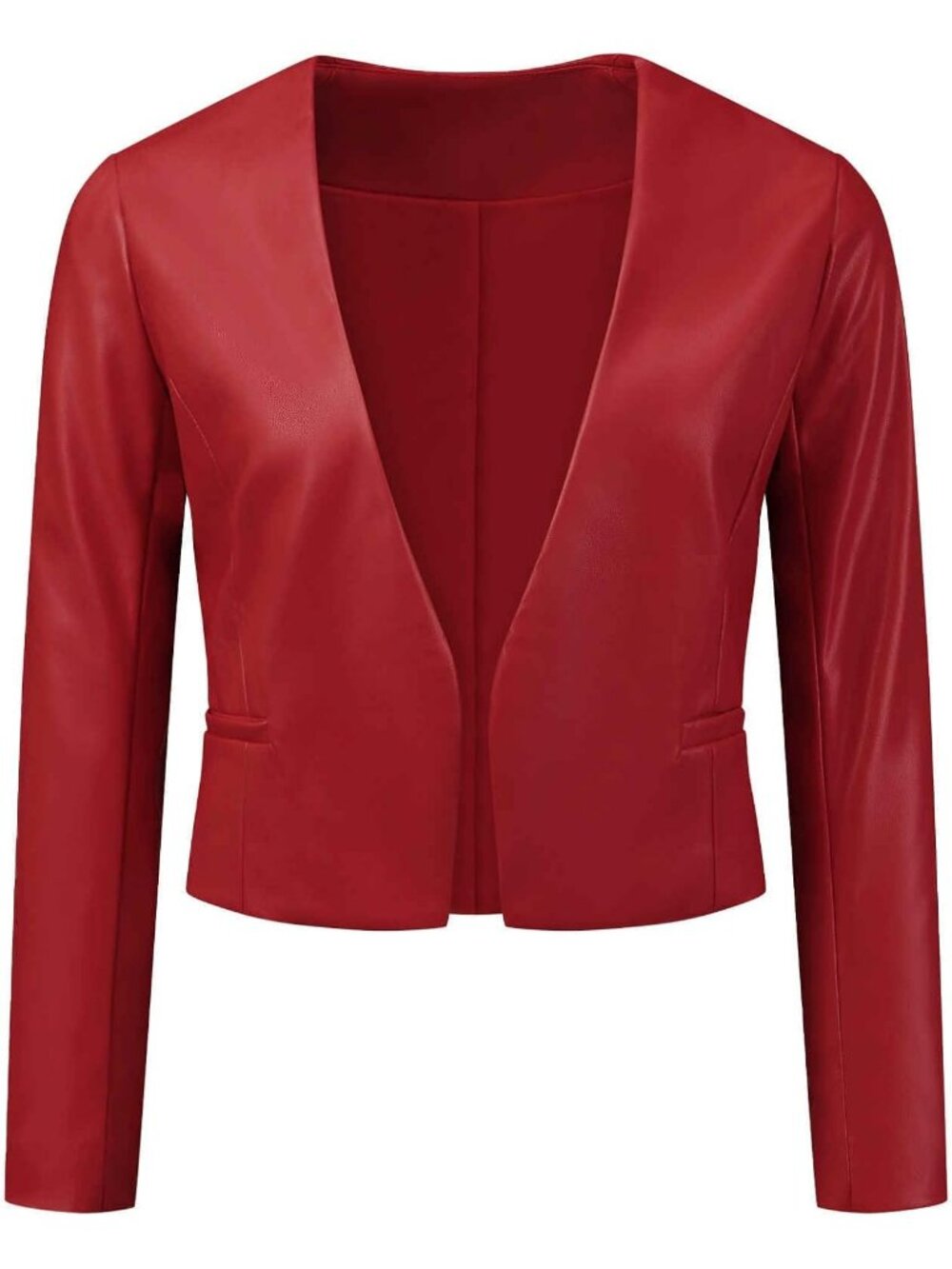 Women Wine Red Leather Crop Collarless Open Front Short Moto Biker Bomber Jacket